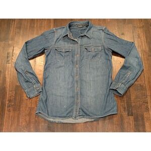 Eddie Bauer Shirt Womens XS Blue Denim Chambray Long Sleeve Button Front Pockets